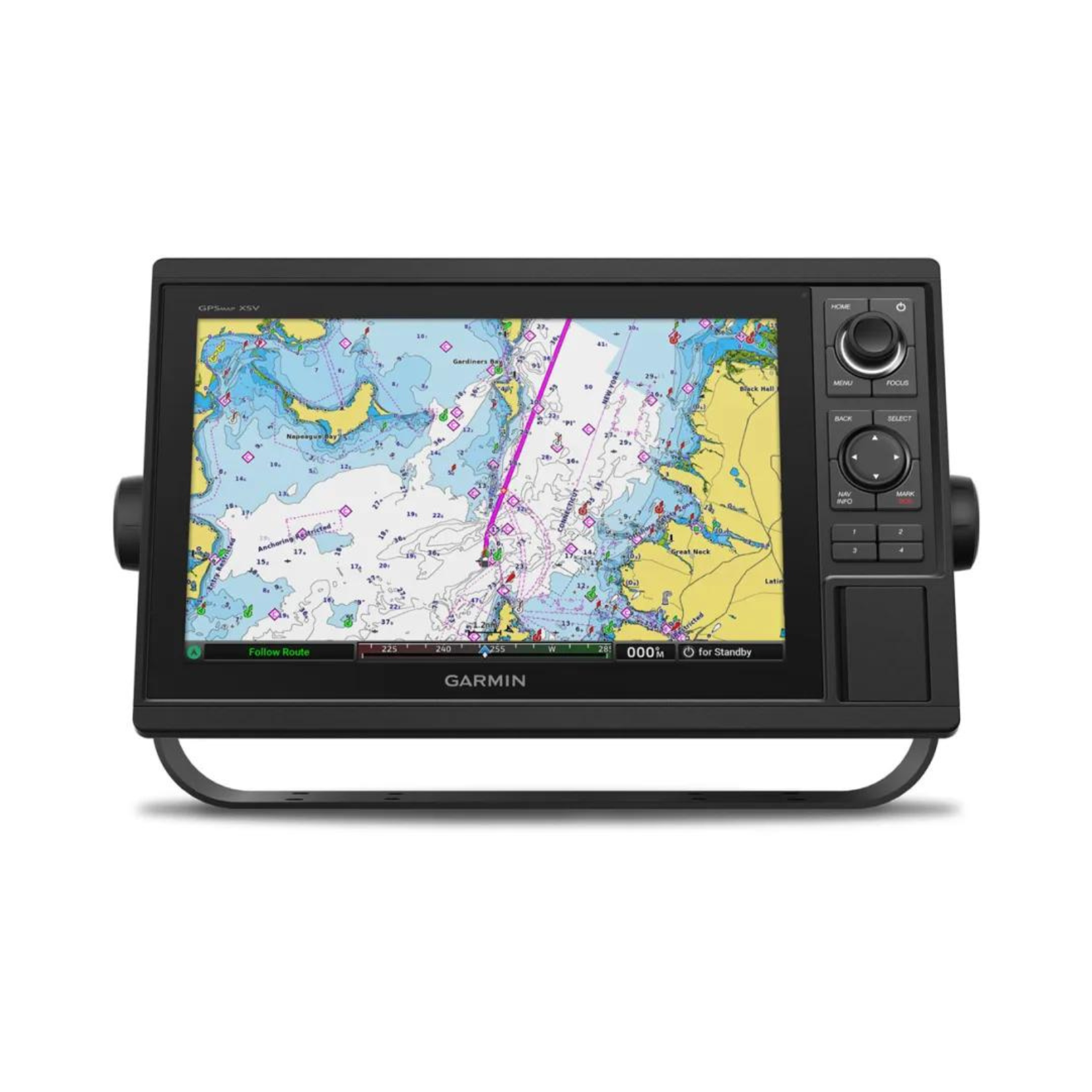 close up image of Garmin GPS 12 inch with transducer, touch & guidance