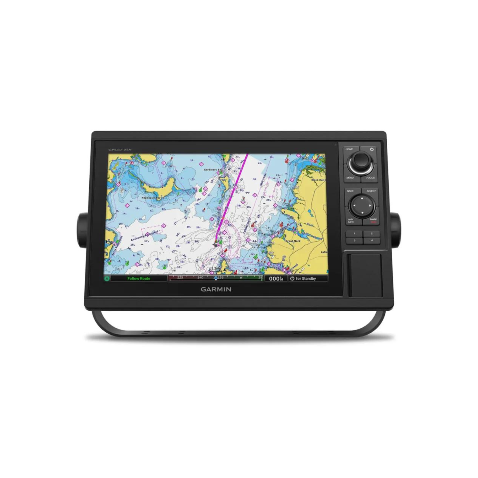 close up image of Garmin GPS 10 inch with transducer, touch & guidance