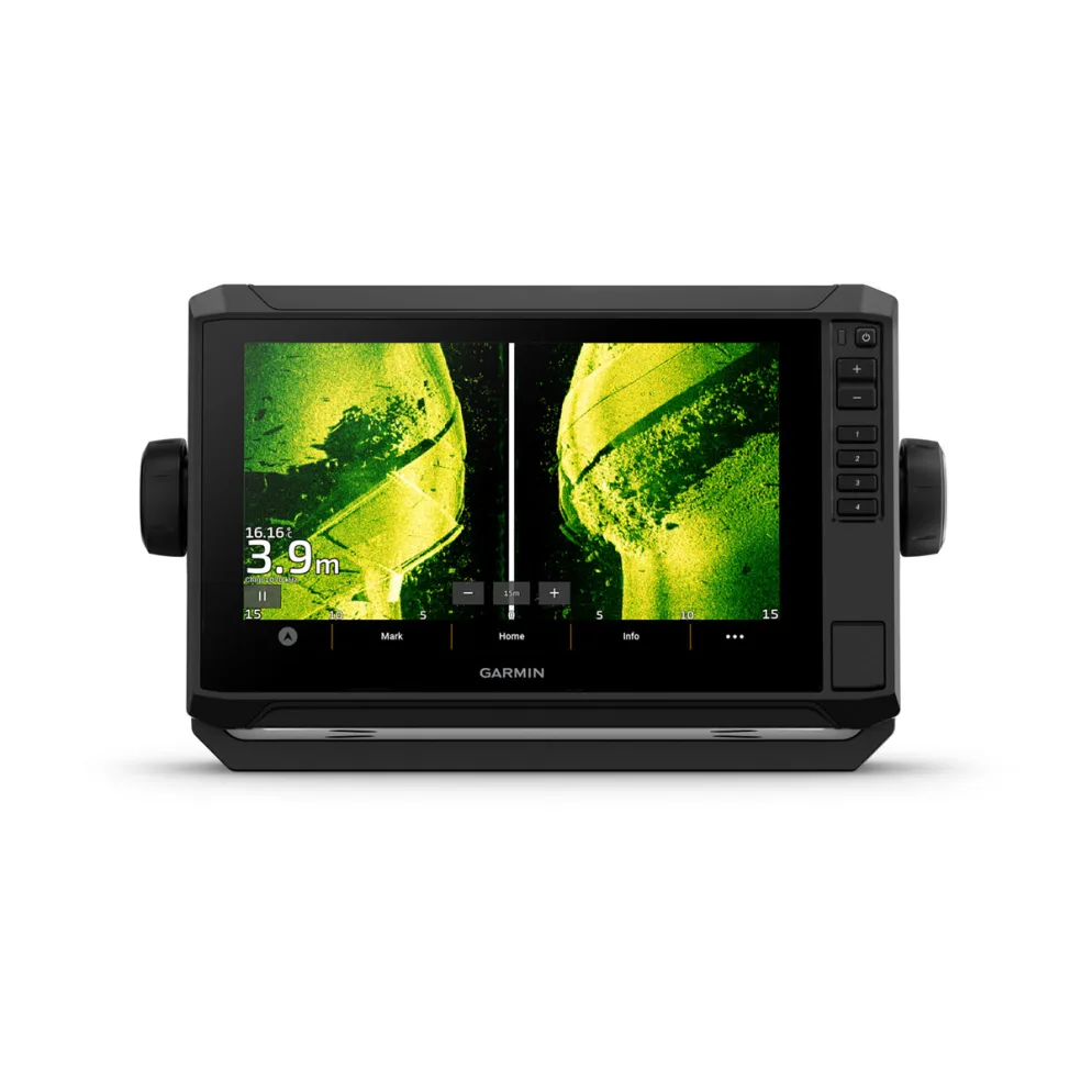 close up image of Garmin GPS 9 inch with transducer, touch & guidance